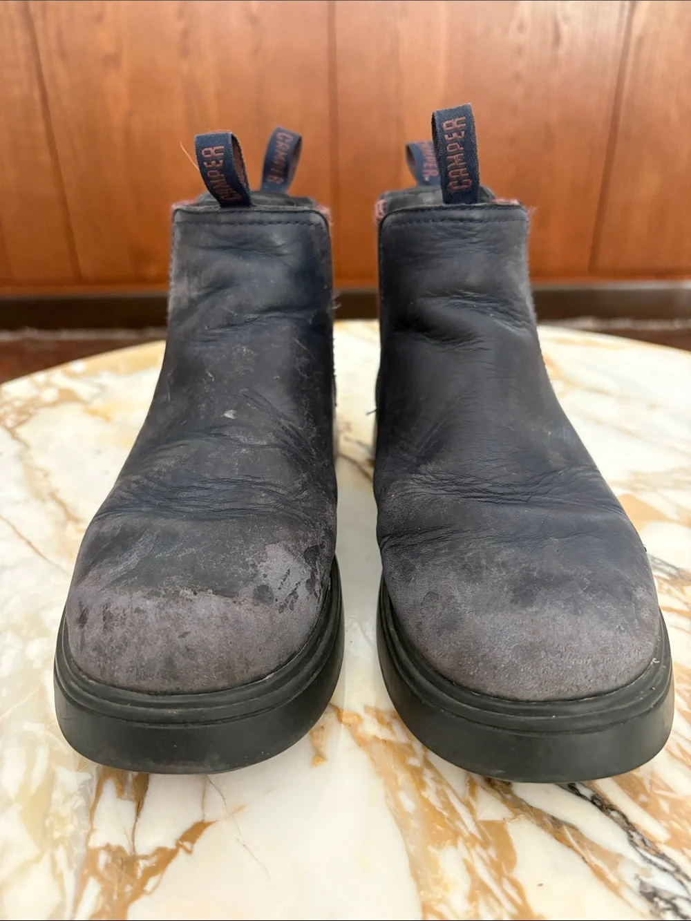 Camper Kids Navy Leather Chelsea Boots with Maroon Elastic